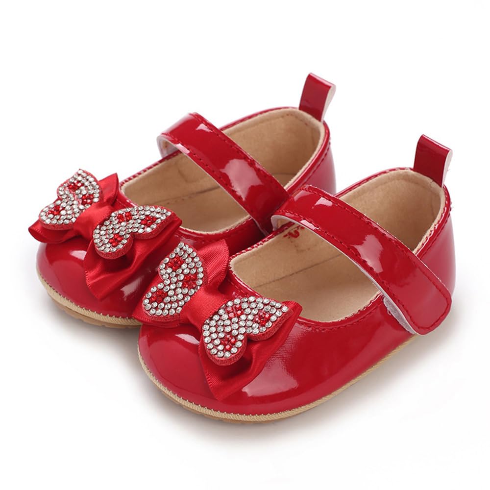 Baby Girls Mary Jane Flats, Non Slip Soft Sole, PU Leather Bowknot Dress Shoes, Newborn Infant Toddler First Walker, 0-18 Months