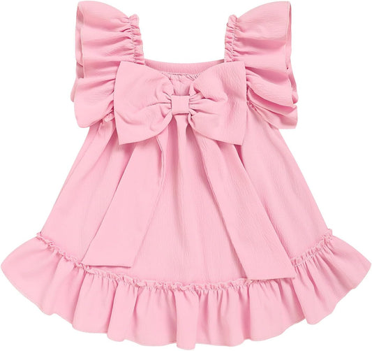 Toddler Girl Flutter Sleeve Dress, Back Bow Wrinkle Resistant Casual Outfit