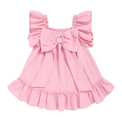 Toddler Girl Flutter Sleeve Dress, Back Bow Wrinkle Resistant Casual Outfit