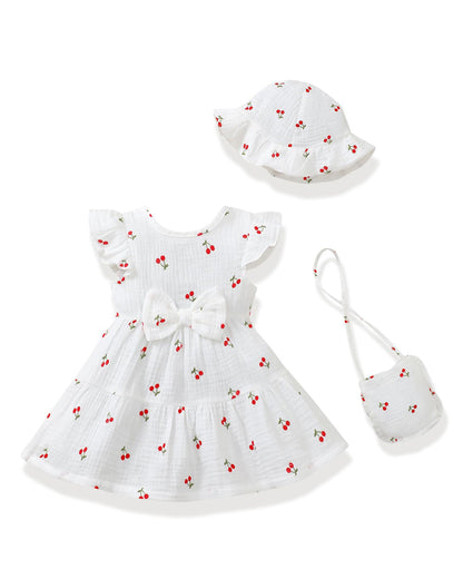 Renotemy Infant Baby Girl Summer Dress Ruffle Flutter Sleeve Bowknot Sundress Gifts Casual Clothes Outfits with Hat and Bag