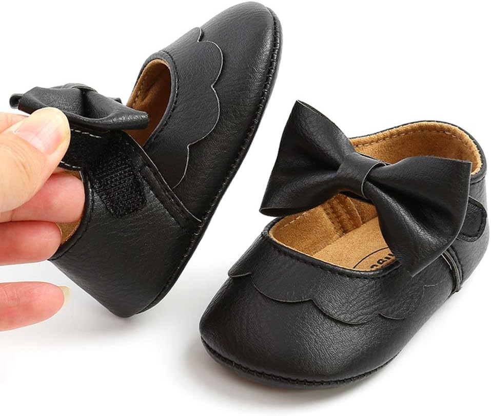 LAFEGEN Baby Girls Mary Jane Flats with Bownot Non Slip Soft Sole PU Leather Newborn Infant Toddler First Walker Cirb Dress Shoes