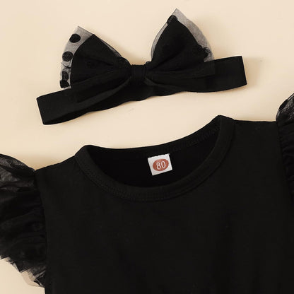 Baby Girl My Little Black Romper Dress Short Sleeve Mesh Stitching Bowknot Princess Gown Romper Party Tutu Dress