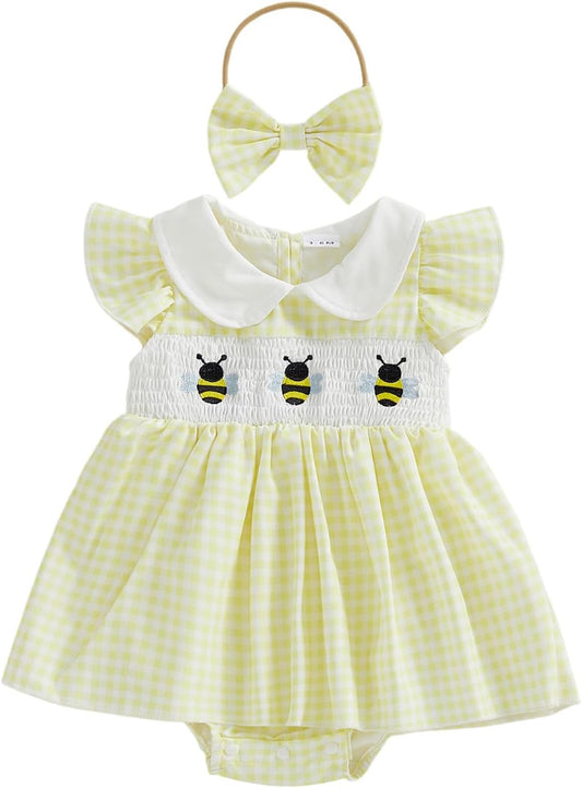 Baby Girl Summer Outfit Bee Embriodery Smocked Romper Dress Ruffle Fly Sleeve Doll Collar Plaid Dress with Headband