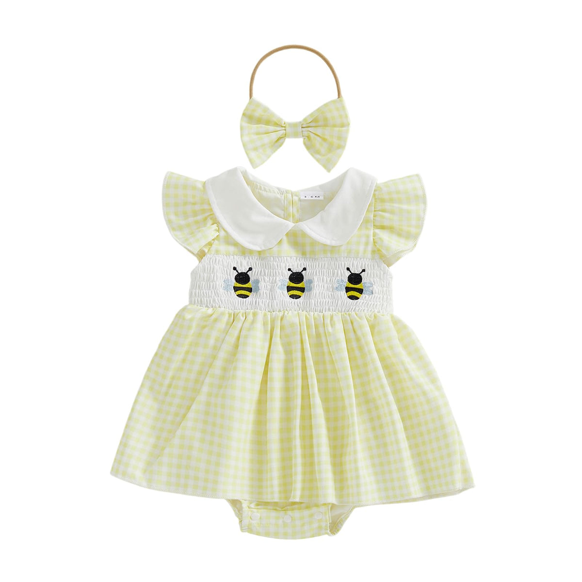 Baby Girl Summer Outfit Bee Embriodery Smocked Romper Dress Ruffle Fly Sleeve Doll Collar Plaid Dress with Headband