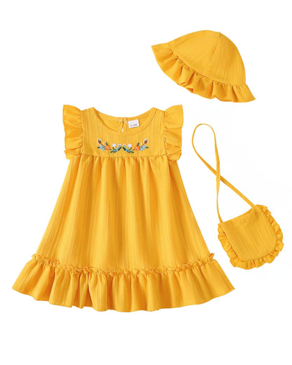 SODLON Baby Girl Dress Summer Clothes Infant Floral Boho Dresses Ruffle Linen Toddler Girls Casual Sundress with Hat and Bag
