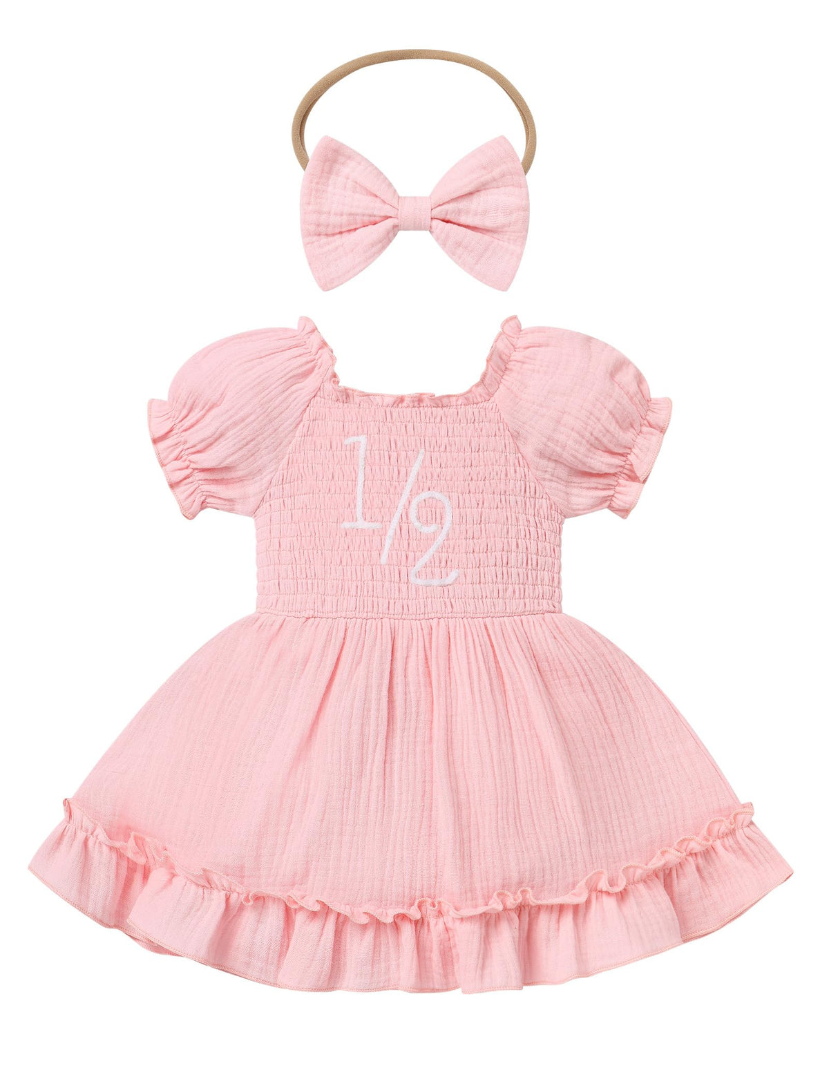 IMEKIS Baby Girl Half 1st Birthday Outfit Romper Dress Headband Strawberry Smocked Dress Cake Smash Photo Shoot