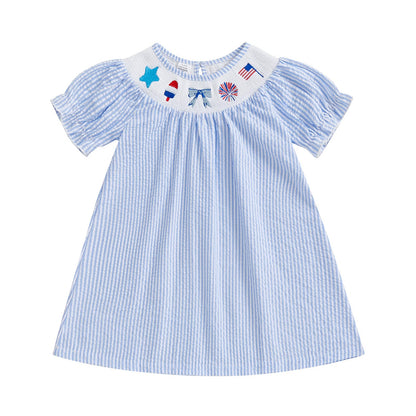 Toddler Little Baby Girl 4th of July Dress Puff Short Sleeve Stripes Smocked Dresses Kids Fourth of July Outfit