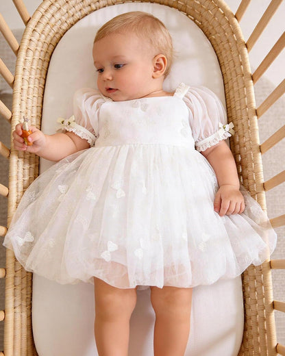YALLET Baby Girl Dress Embroidery Tulle 1st Birthday Girl Outfit Puff Sleeve Lace Tulle Romper Newborn Dress for 0-24 Months