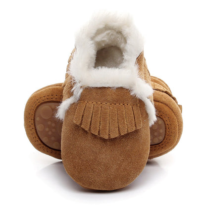 HONGTEYA Baby Moccasins with Fur Fleece Rubber Soles Warm Snow Boots Leather Baby Shoes for Boys Girls