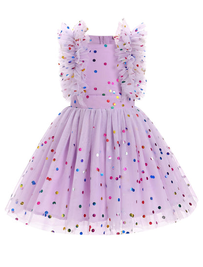 Girls Birthday Party Dress Ruffle Sleeve Sequin Dots Floral Tulle Princess Wedding Pageant Formal Bance Gown