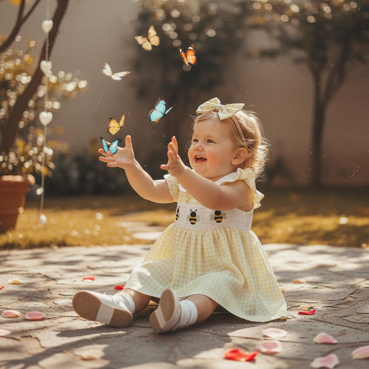 Baby Girl Summer Outfit Bee Embriodery Smocked Romper Dress Ruffle Fly Sleeve Doll Collar Plaid Dress with Headband
