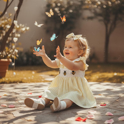 Baby Girl Summer Outfit Bee Embriodery Smocked Romper Dress Ruffle Fly Sleeve Doll Collar Plaid Dress with Headband