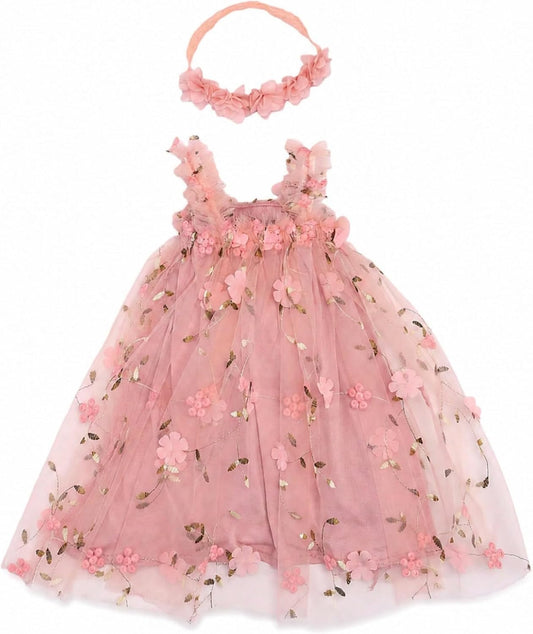 Toddler Girls Pink Sleeveless Dress 3D Floral Tulle with Flower Headband