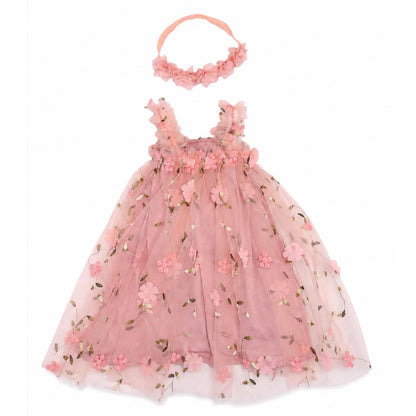Toddler Girls Pink Sleeveless Dress 3D Floral Tulle with Flower Headband