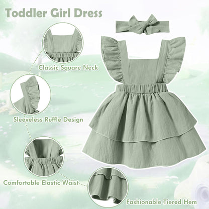 Baby Girls Dresses Sleeveless Ruffle Toddler Dresses for Girls with Headband Summer Casual Party Backless Sundress
