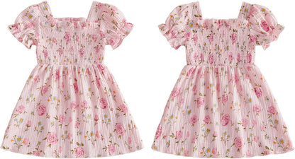 Baby Girl Floral Dress Toddler Rose Outfit Short Puff Sleeve Cotton Linen Smocked Ruffle Dresses Summer Clothes