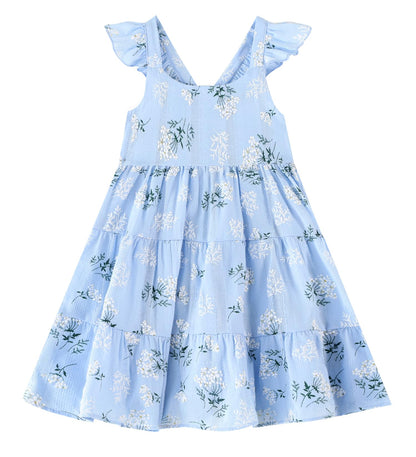 GSVIBK Girls Linen Cotton Dress Flutter Sleeve Back Cross Dress Toddler A-Line Skater Dress Baby Girl Halter Casual Sundress