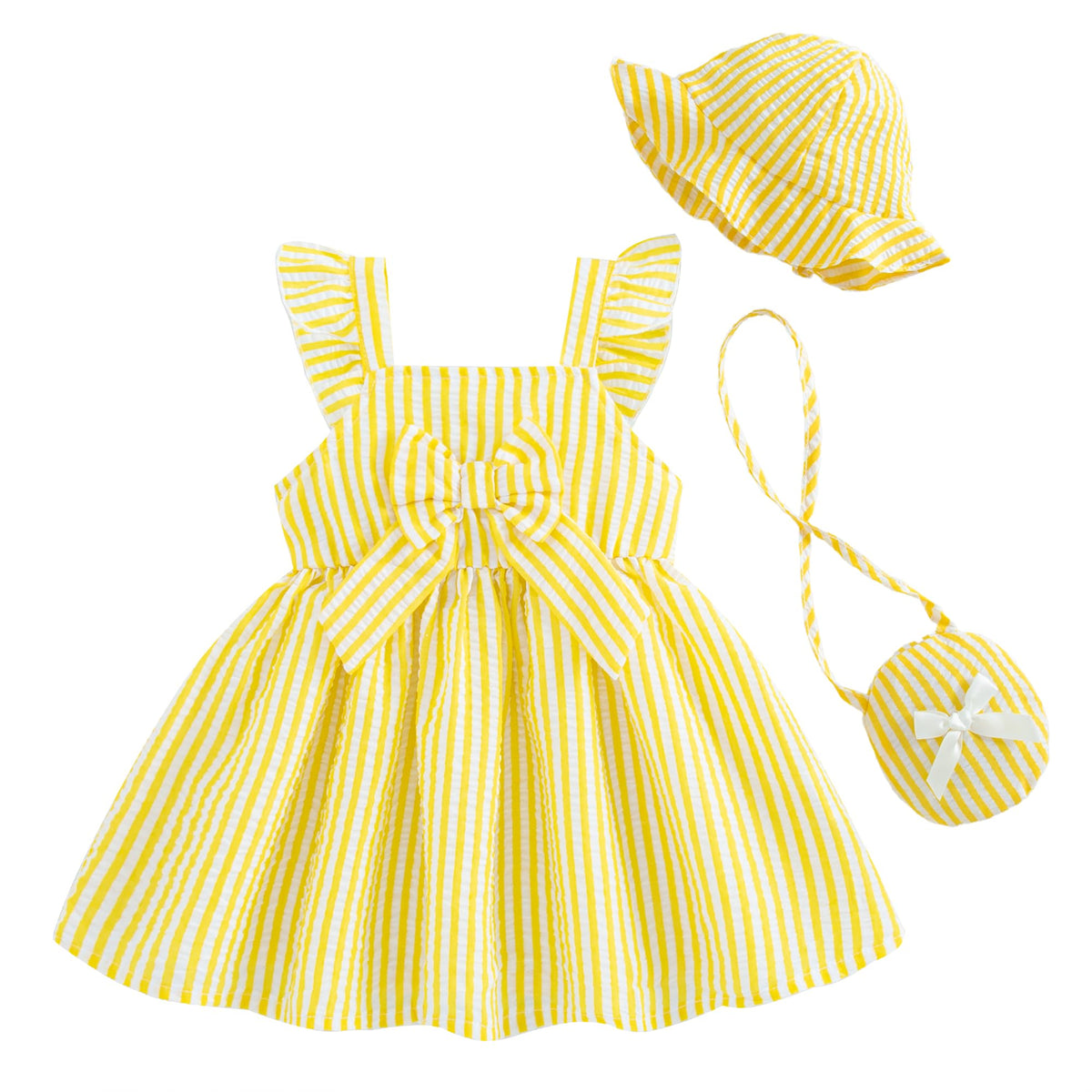 Renotemy Infant Baby Girl Summer Dress Ruffle Flutter Sleeve Bowknot Sundress Gifts Casual Clothes Outfits with Hat and Bag