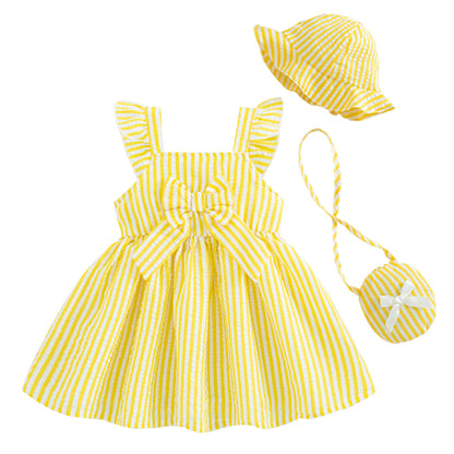 Renotemy Infant Baby Girl Summer Dress Ruffle Flutter Sleeve Bowknot Sundress Gifts Casual Clothes Outfits with Hat and Bag