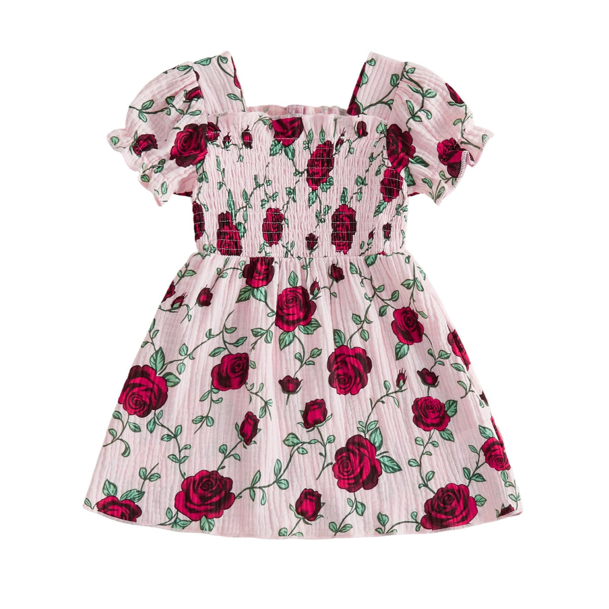 Baby Girl Floral Dress Toddler Rose Outfit Short Puff Sleeve Cotton Linen Smocked Ruffle Dresses Summer Clothes