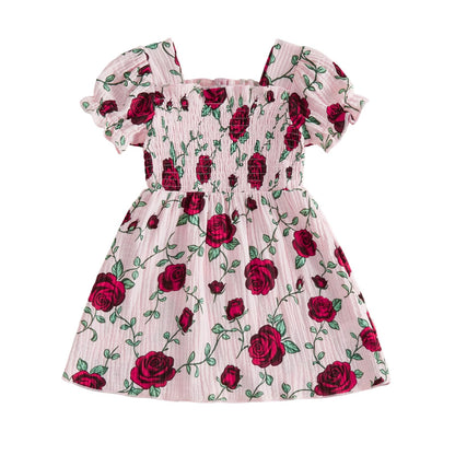 Baby Girl Floral Dress Toddler Rose Outfit Short Puff Sleeve Cotton Linen Smocked Ruffle Dresses Summer Clothes