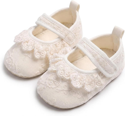 Baby Girl White Dress Shoes Newborn Mary Jane Flats with Bowknot Princess Lace Soft Sole Infant Toddler Walking Crib Shoes