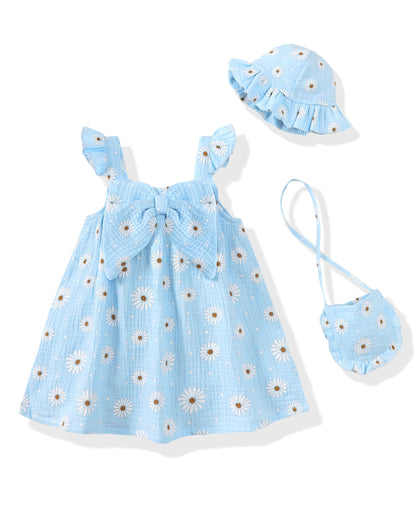 Renotemy Infant Baby Girl Dresses Summer Outfits Casual Cotton Linen Sundress with Hat Toddler Clothes for Girls 3Months-3T