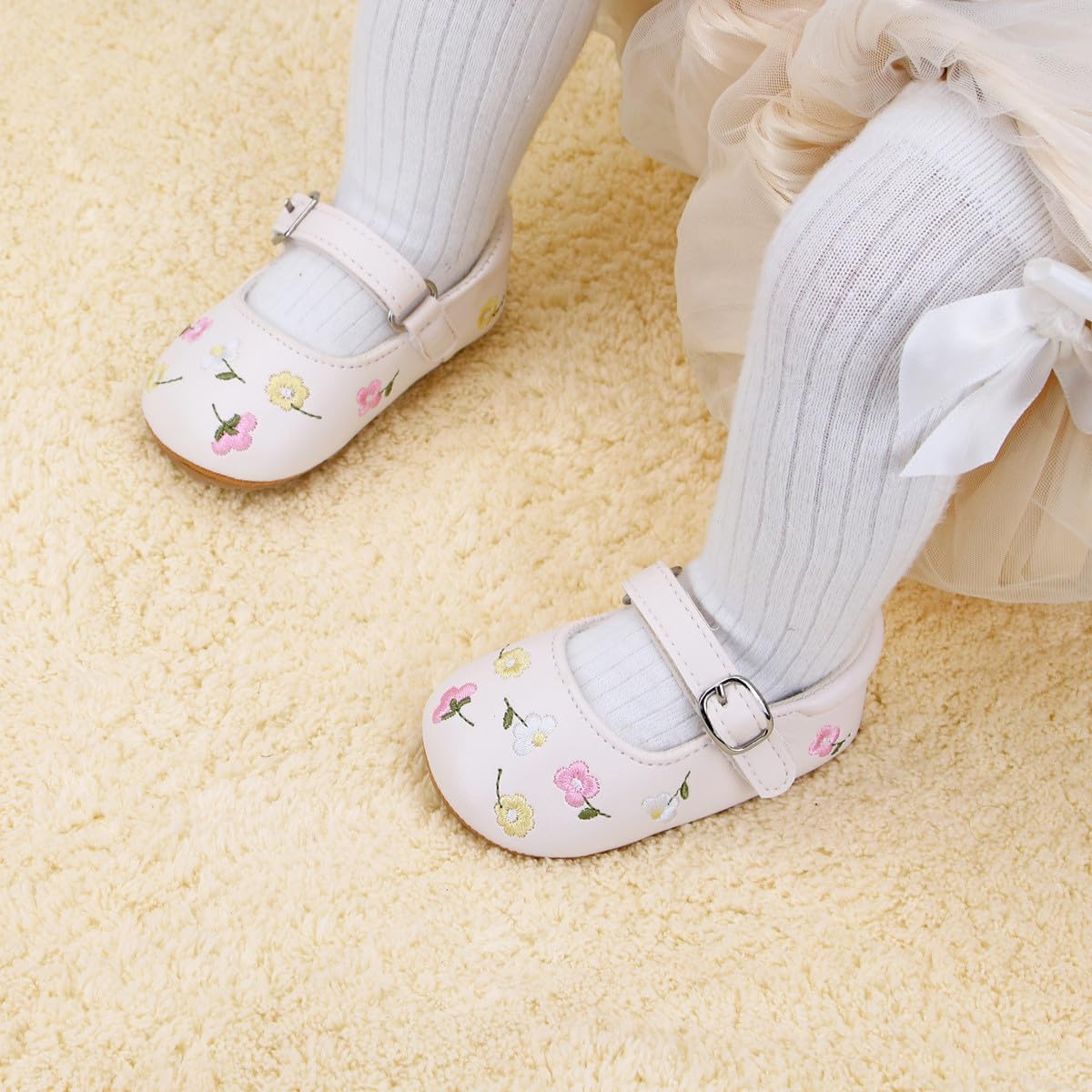 Baby Mary Jane Flats for Girls with Bowknot Cotton Anti Skid Sole Infant First Walker Princess Dress Crib Wedding Shoes