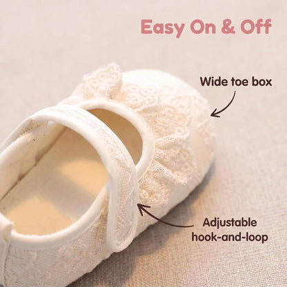 Baby Girl White Dress Shoes Newborn Mary Jane Flats with Bowknot Princess Lace Soft Sole Infant Toddler Walking Crib Shoes