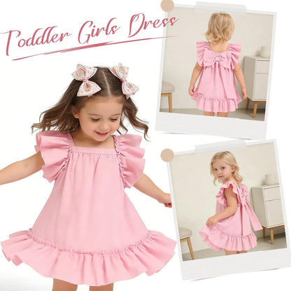 Toddler Girl Flutter Sleeve Dress, Back Bow Wrinkle Resistant Casual Outfit