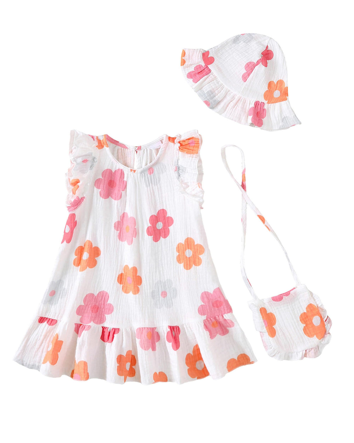 SODLON Baby Girl Dress Summer Clothes Infant Floral Boho Dresses Ruffle Linen Toddler Girls Casual Sundress with Hat and Bag