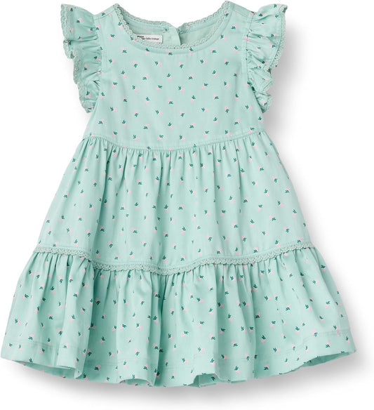 Amazon Essentials x Sofia Grainge Baby Girls' Tiered Flounce Dress, Soft Cotton Sateen, Ruffle Sleeves with Lace Trim