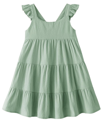 Toddler Dress Baby Girls Cotton Linen Ruffle Sleeve Tiered Swing Casual Summer Boho Dresses