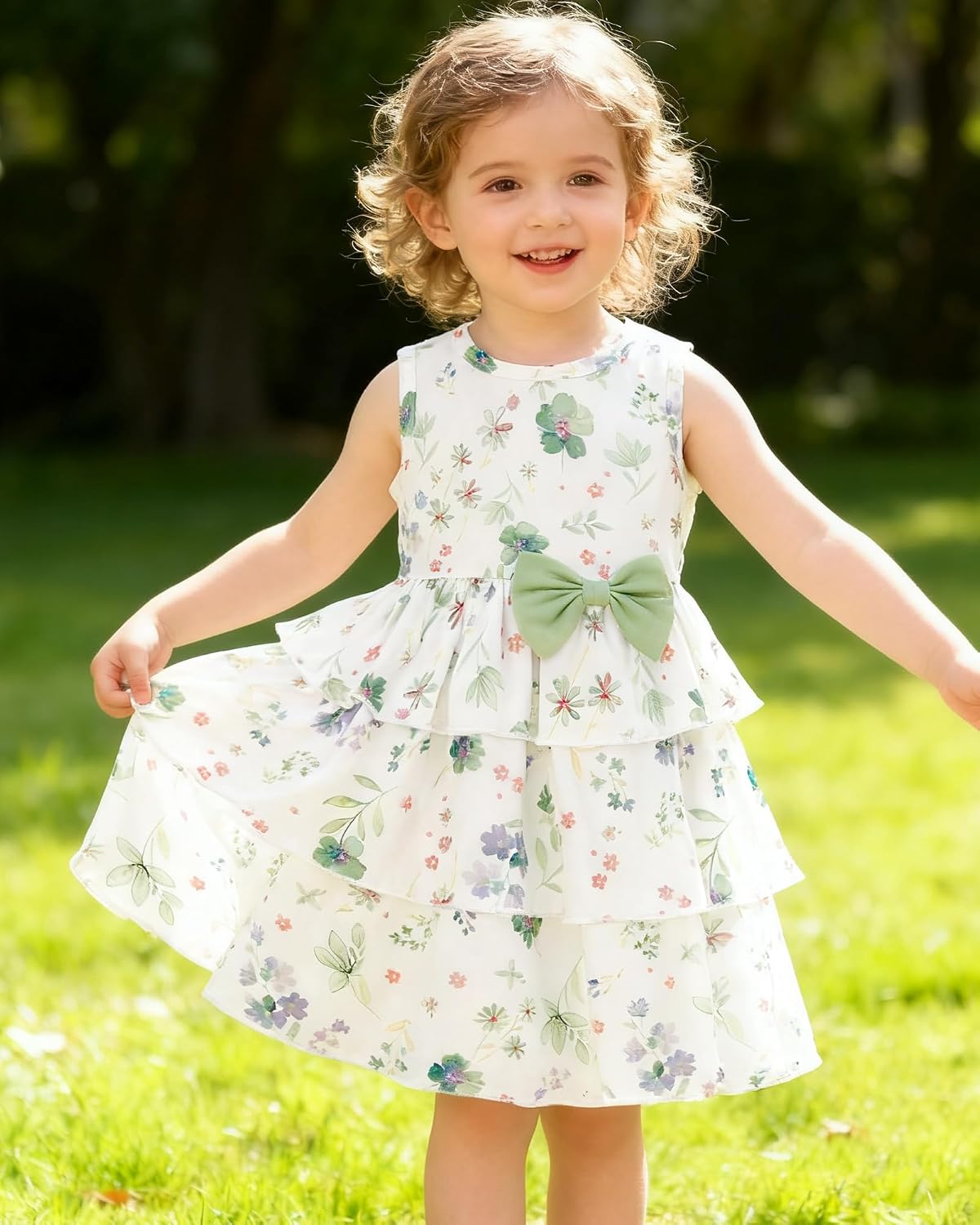 YALLET Toddler Girl Dress Floral Print Bow Tiered Ruffle Summer Sundress