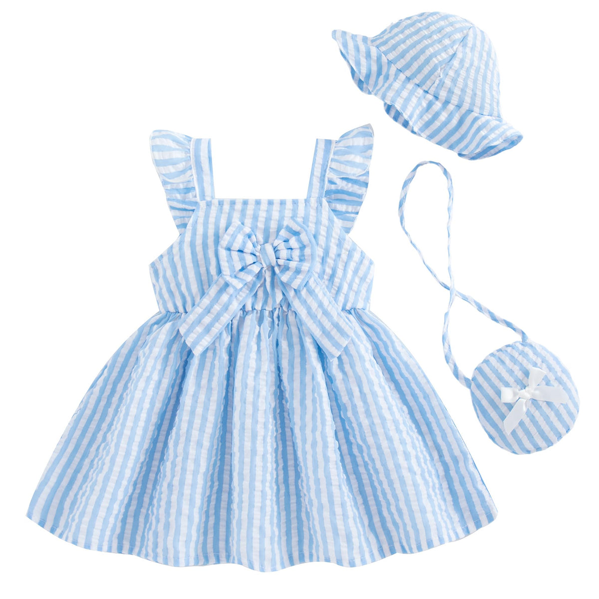 Renotemy Infant Baby Girl Summer Dress Ruffle Flutter Sleeve Bowknot Sundress Gifts Casual Clothes Outfits with Hat and Bag