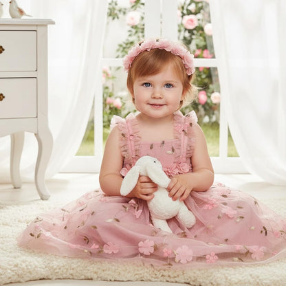 Toddler Girls Pink Sleeveless Dress 3D Floral Tulle with Flower Headband