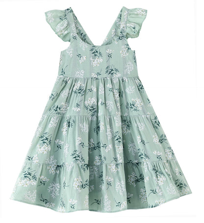 GSVIBK Girls Linen Cotton Dress Flutter Sleeve Back Cross Dress Toddler A-Line Skater Dress Baby Girl Halter Casual Sundress