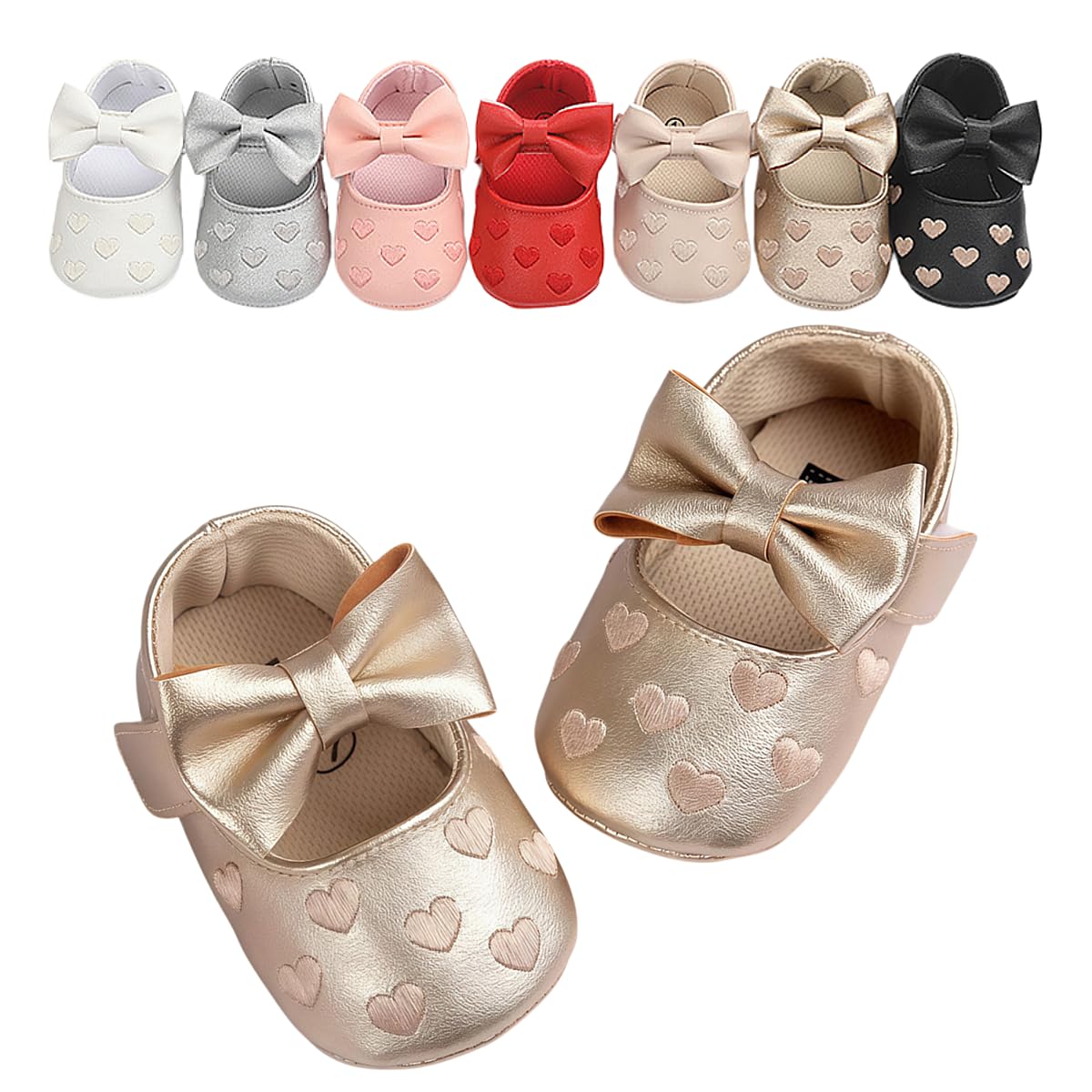 Fashion Gold Bow Baby Girl Shoes Soft Sole Crib Shoes for Infant & Toddler, Non-Slip First Walkers Newborn Baby Mary Jane Flats