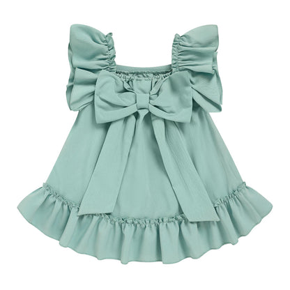 Toddler Girl Flutter Sleeve Dress, Back Bow Wrinkle Resistant Casual Outfit
