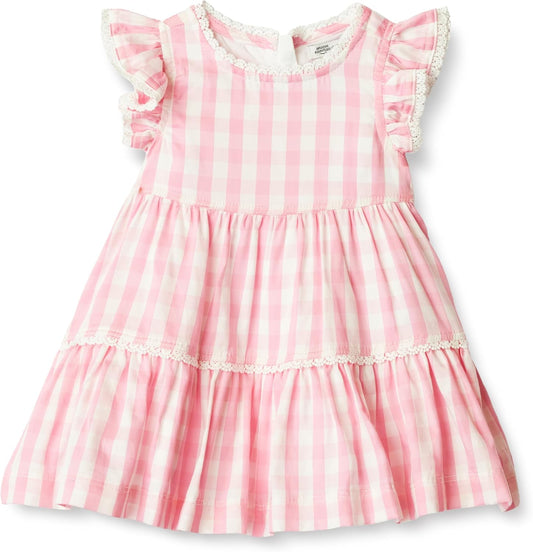 Amazon Essentials x Sofia Grainge Baby Girls' Tiered Flounce Dress, Soft Cotton Sateen, Ruffle Sleeves with Lace Trim