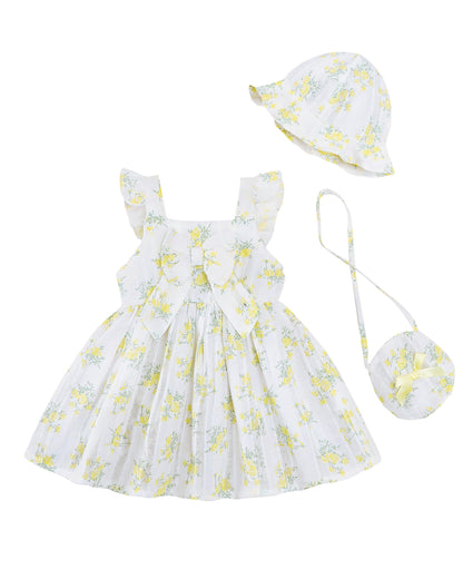 Renotemy Infant Baby Girl Summer Dress Ruffle Flutter Sleeve Bowknot Sundress Gifts Casual Clothes Outfits with Hat and Bag