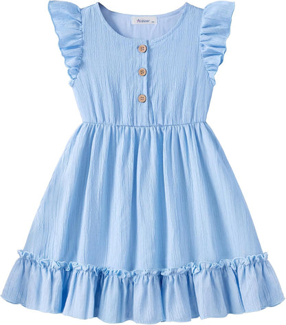 Arshiner Toddler Girls Dress Ruffle Sleeveless Button Down Dresses Summer Beach Casual Sundress with Pocket for 1-7Y