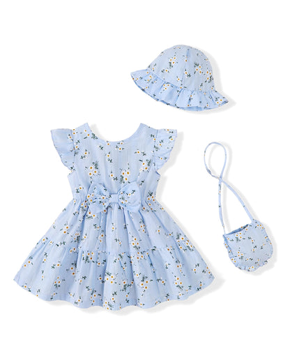 Renotemy Infant Baby Girl Summer Dress Ruffle Flutter Sleeve Bowknot Sundress Gifts Casual Clothes Outfits with Hat and Bag