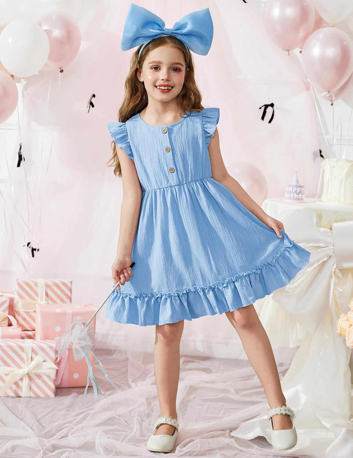 Arshiner Toddler Girls Dress Ruffle Sleeveless Button Down Dresses Summer Beach Casual Sundress with Pocket for 1-7Y