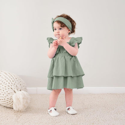 Baby Girls Dresses Sleeveless Ruffle Toddler Dresses for Girls with Headband Summer Casual Party Backless Sundress
