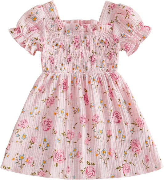 Baby Girl Floral Dress Toddler Rose Outfit Short Puff Sleeve Cotton Linen Smocked Ruffle Dresses Summer Clothes