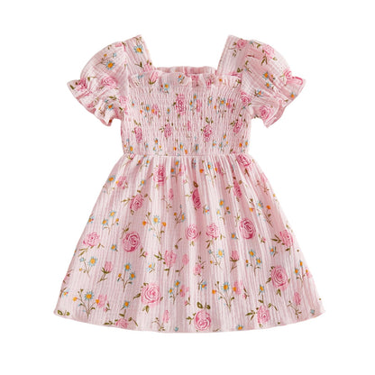 Baby Girl Floral Dress Toddler Rose Outfit Short Puff Sleeve Cotton Linen Smocked Ruffle Dresses Summer Clothes