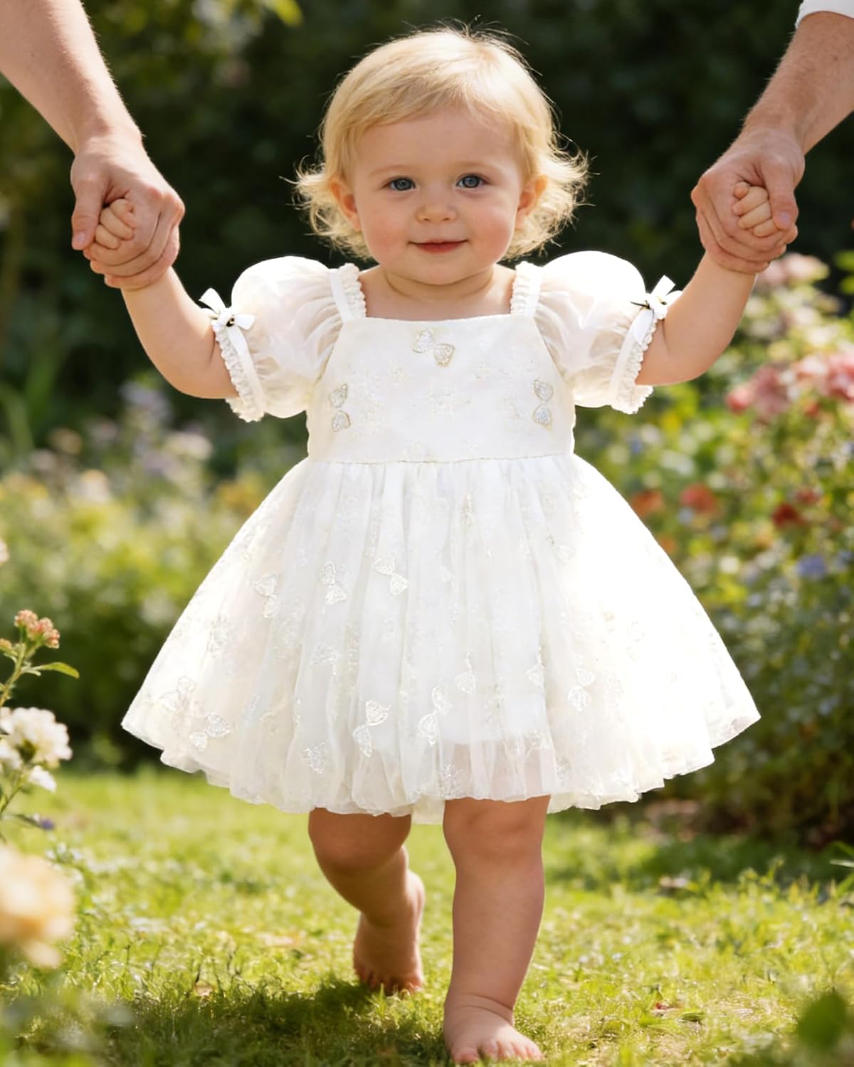 YALLET Baby Girl Dress Embroidery Tulle 1st Birthday Girl Outfit Puff Sleeve Lace Tulle Romper Newborn Dress for 0-24 Months