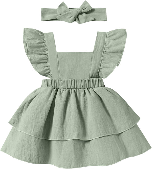 Baby Girls Dresses Sleeveless Ruffle Toddler Dresses for Girls with Headband Summer Casual Party Backless Sundress