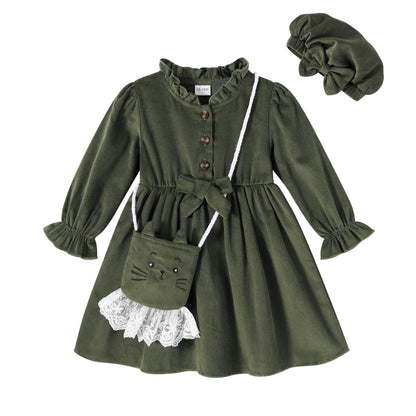 Happy Town Toddler Fall Dress Baby Girls Long Sleeve Bowknot Dresses Kids Winter Casual Outfits with Hat and Bag